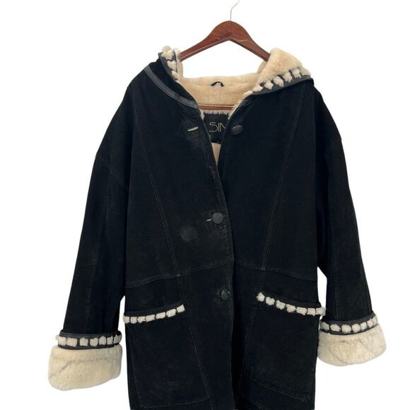 Vintage Sin by Morgan Cooper Black Suede Faux Fur Hooded Trench Coat Jacket L - Picture 5 of 16